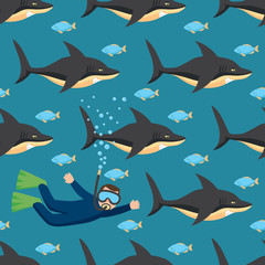 Sharks and Scuba Diver. Seamless Pattern