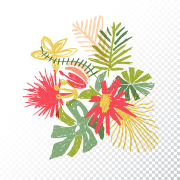 Tropical flower bouquet, hand drawn leaf, vector illustration isolated on transparent or translucent background. Floral composition, exotic plant, doodle style