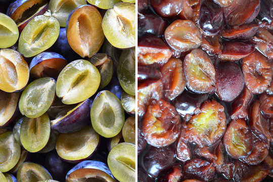 Fresh plums and oven-baked plums