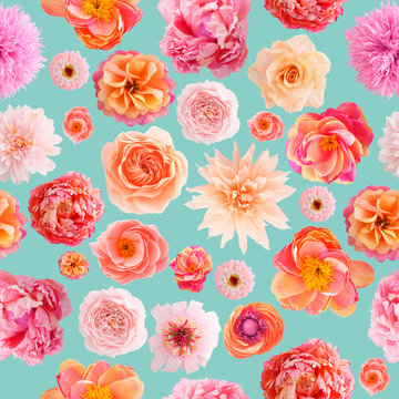 Seamless pattern with handmade crepe paper flowers on turquoise colored background