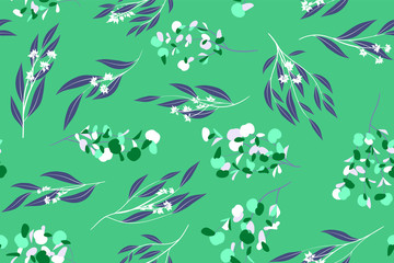 Tropical Seamless Pattern. Vector Eucalyptus Leaves and Beautiful Floral Elements. Botanical Summer Background. Elegant Tropical Seamless Pattern for Wedding Design, Print, Textile, Fabric, Wrapping.