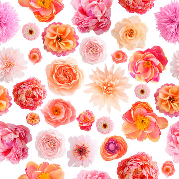 Seamless pattern with handmade crepe paper flowers on white background