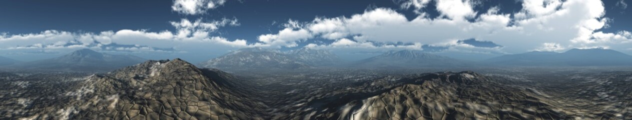 Panorama of the stony desert. Hilly plain under the sky with clouds.
