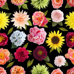 Seamless pattern with handmade crepe paper flowers on black background