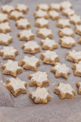 Ready to bake cinnamon star Christmas cookies with glazing on baking paper - uncooked