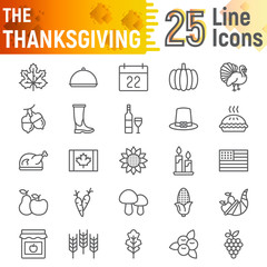 Thanksgiving line icon set, holiday symbols collection, vector sketches, logo illustrations, autumn signs