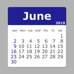 June 2019 calendar. Week starts sunday.  Layers grouped for easy editing illustration. For your design.
