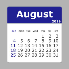 August 2019 calendar. Week starts sunday.  Layers grouped for easy editing illustration. For your design.
