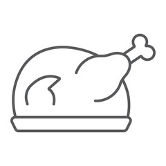 Roast turkey thin line icon, meat and food, chicken sign, vector graphics, a linear pattern on a white background.