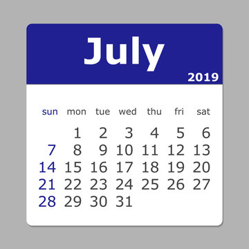 July 2019 calendar. Week starts sunday.  Layers grouped for easy editing illustration. For your design.