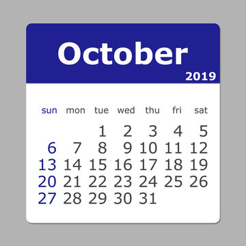October 2019 calendar. Week starts sunday.  Layers grouped for easy editing illustration. For your design.