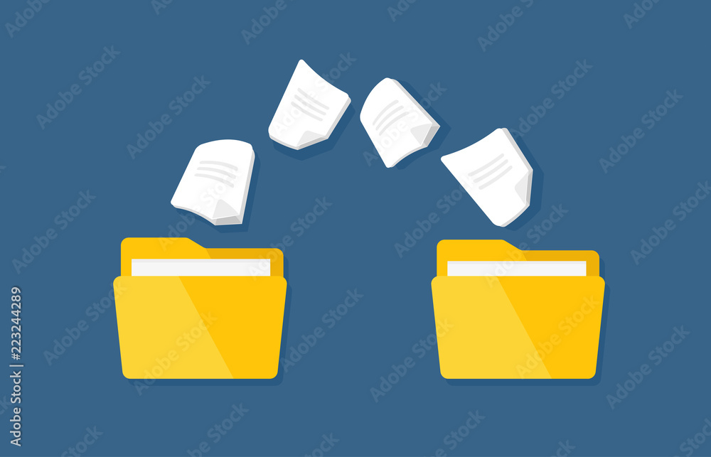 Poster transfer of documentation. vector flat folders with paper files.