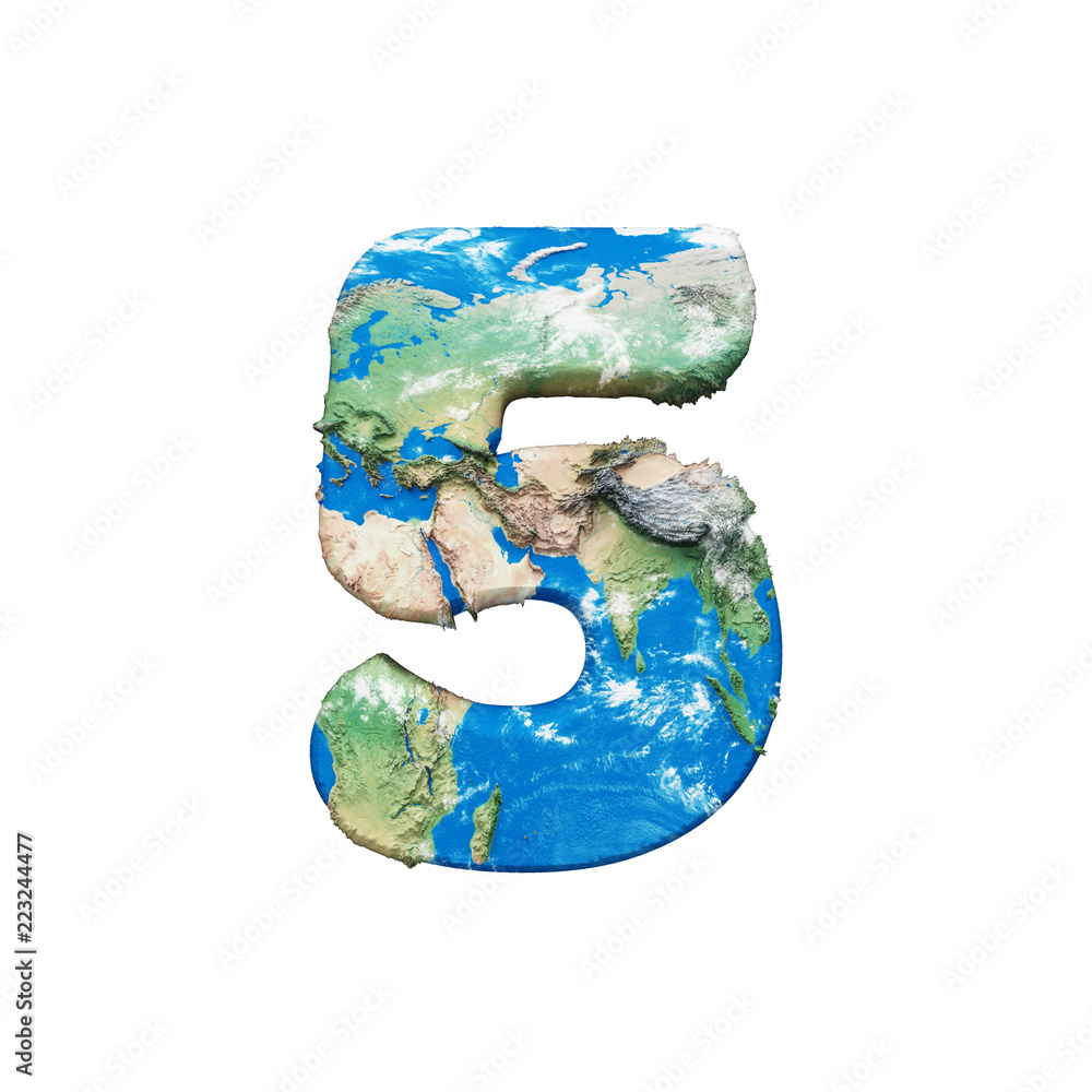 Poster world earth globe alphabet number 5. global worldwide font with nasa map. 3d render isolated on whit