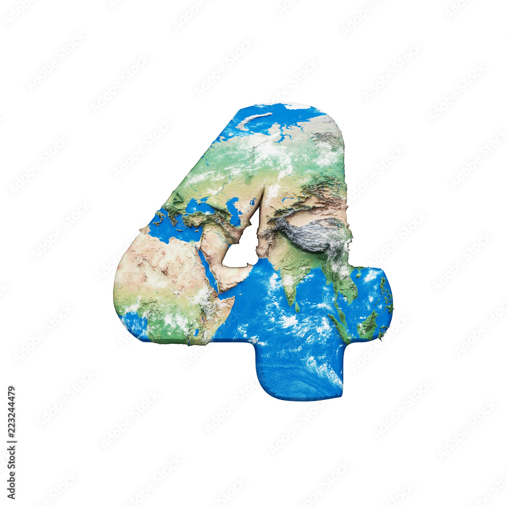 Poster world earth globe alphabet number 4. global worldwide font with nasa map. 3d render isolated on whit