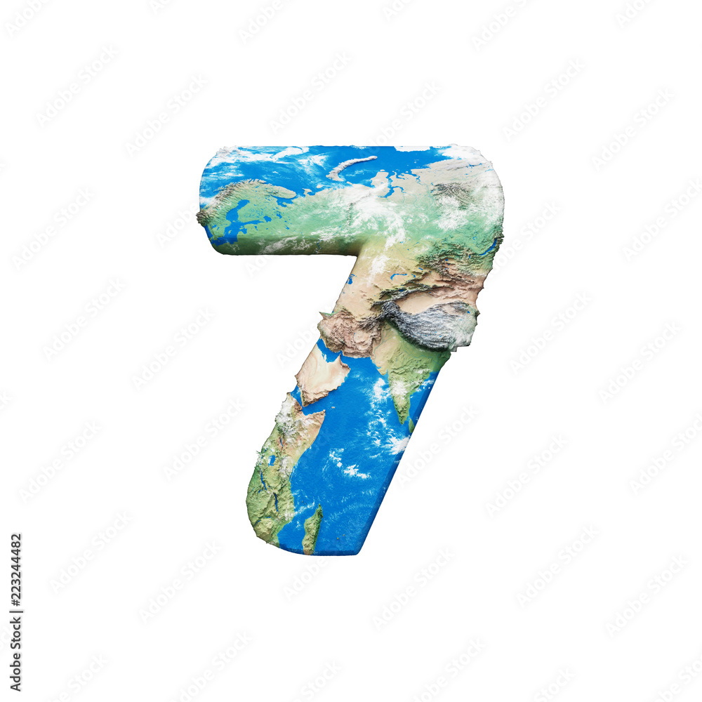Poster world earth globe alphabet number 7. global worldwide font with nasa map. 3d render isolated on whit