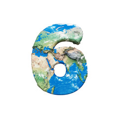 World earth globe alphabet number 6. Global worldwide font with NASA map. 3D render isolated on white background.