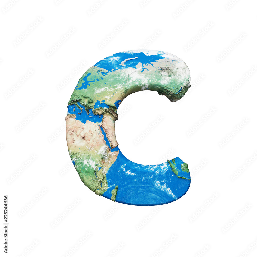 Fototapete world earth globe alphabet letter c uppercase. global worldwide font with nasa map. 3d render isolat