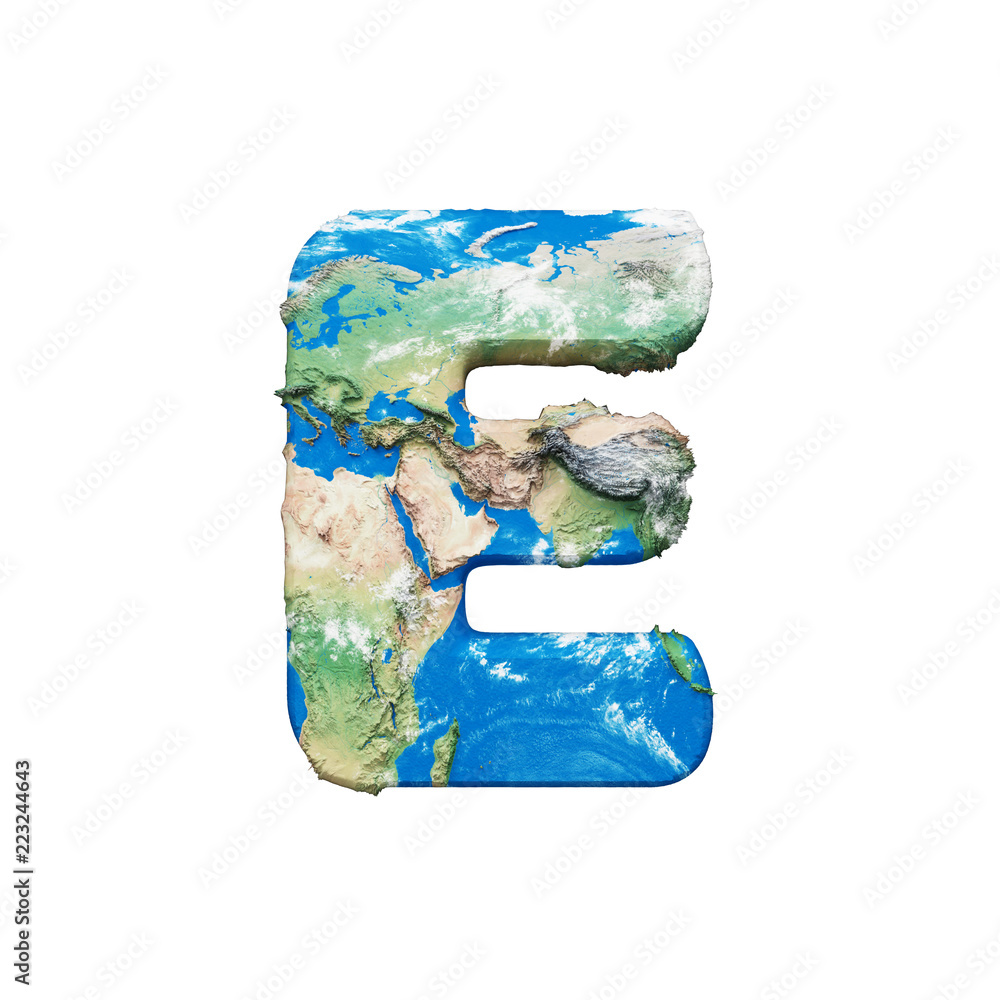 Fototapete world earth globe alphabet letter e uppercase. global worldwide font with nasa map. 3d render isolat