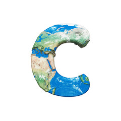 World earth globe alphabet letter C uppercase. Global worldwide font with NASA map. 3D render isolated on white background.