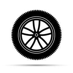 Fototapeta premium Car wheel black icon on a white background and shadow