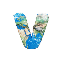 World earth globe alphabet letter V uppercase. Global worldwide font with NASA map. 3D render isolated on white background.