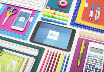 Smartphone and Tablet with School Supplies Mockup - Powered by Adobe