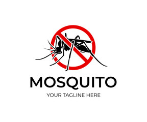 Mosquito in red circle with ban, logo design. Insect bloodsucking, nature and wildlife, vector design