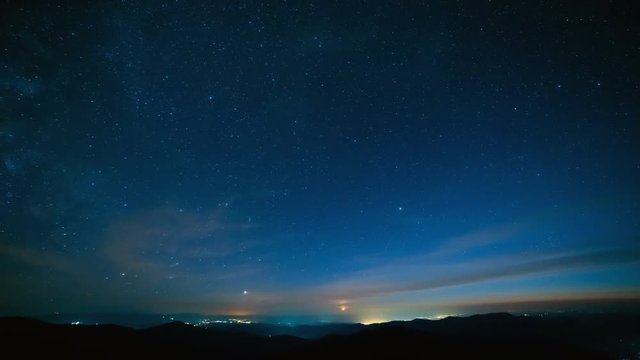 The starry sky above mountains. time lapse