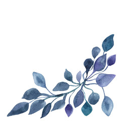 Watercolor composition, painted blue branches and leaves.