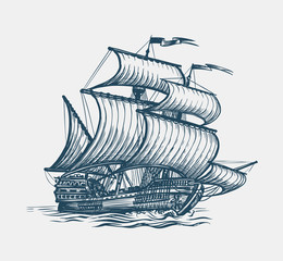 Obraz premium Vintage sailing ship. Seafaring, sailer concept. Sketch vector illustration