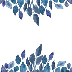 Watercolor composition, painted blue branches and leaves.
