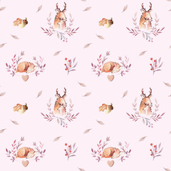 Cute watercolor baby deer animal seamless pattern, nursery isolated illustration for children clothing, patterns. Watercolor Hand drawn boho image Perfect for phone cases design, nursery posters