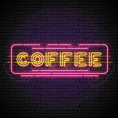 Shining and glowing yellow neon coffee sign in red frame. Bright night coffee house sign, night advertisement logo, vector illustration.