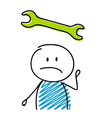 Wrench icon (work an success concept) with sad stickman. Vector.