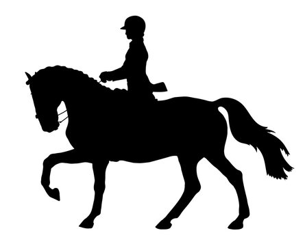 A silhouette of a dressage rider cantering on a horse.