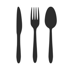 Knife fork and spoon silhouette icon isolated on white. Dishware vector set.