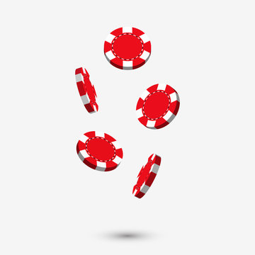 Falling red casino chips in 3d style design with shadow isolated on white background. Gaming illustration.