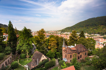 Fototapeta na wymiar View across the city of Heidelberg Germany with rooftop, old architecture and hillside