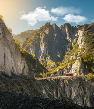 Rocky mountain with trees. Lahic , Ismayilli
