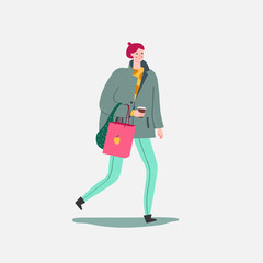Young woman with hair bun stroll after shopping (vector).