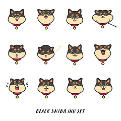 Cute black shiba inu's head emotions. Stickers vector set.