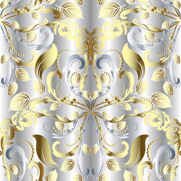 White Vintage Floral 3d Vector Seamless Pattern. Silver Textured Ornamental Background. Gold Floral Antique Damask Ornament. Elegance 3d Flowers, Leaves, Swirls, Lines, Dots. Endless Ornate Texture.