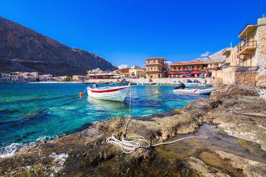 Old warehouses in the small port of Gerolimenas village, Mani region, Lakonia, Peloponnese, Greece.