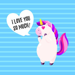 Cute vector greeting card with unicorn. Template for St. Valentine s Day