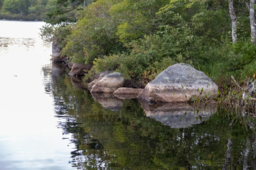 Rocks reflecting in water at shoreline, overcast day, Lewis Lake, Canada, no people.