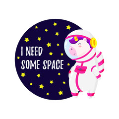 Cute vector illustration with unicorn astronaut. Template for design of T-shirt, postcard, banner
