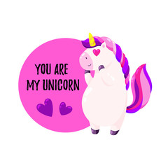 Obraz na płótnie Canvas Cute vector greeting card with unicorn. Template for St. Valentine s Day