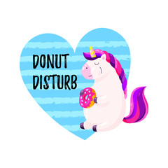 Obraz premium Cute cartoon vector unicorn with donut. Template for postcard, design for T-shirt
