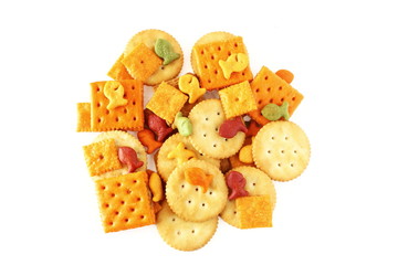 mix Crackers isolated on a White Background top view for food concept,health concept,party concept,lunch box,school lunch box,school