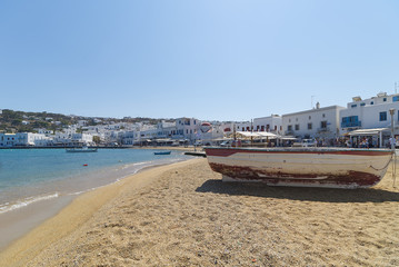 Chora village ( Beach and harbor ) - Mykonos Cyclades island - Aegean sea - Greece
